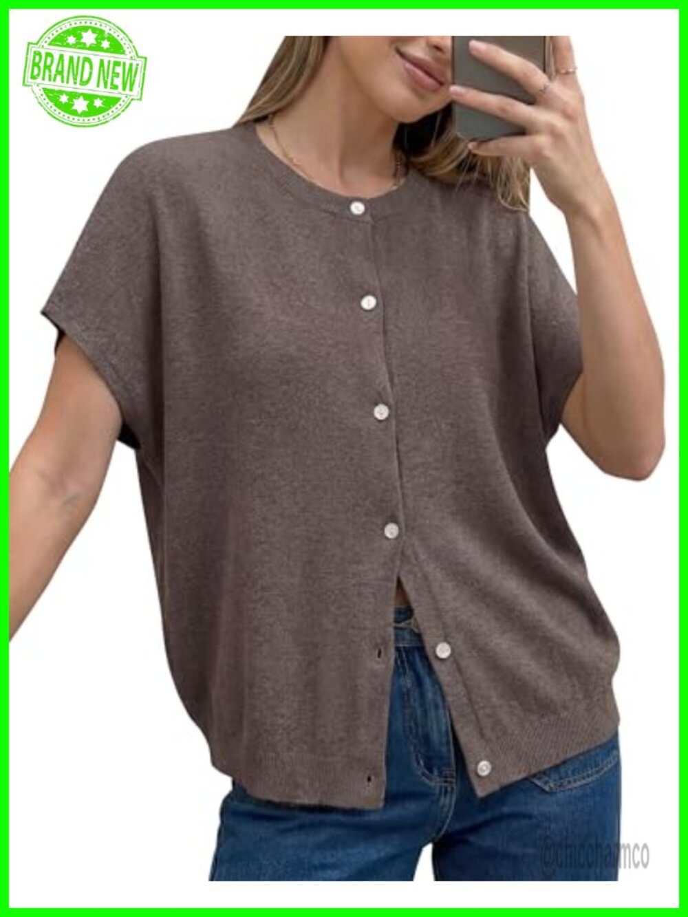 Wool Blend Oversized Batwing Short Sleeve Cardigan Button Up Loose Knit